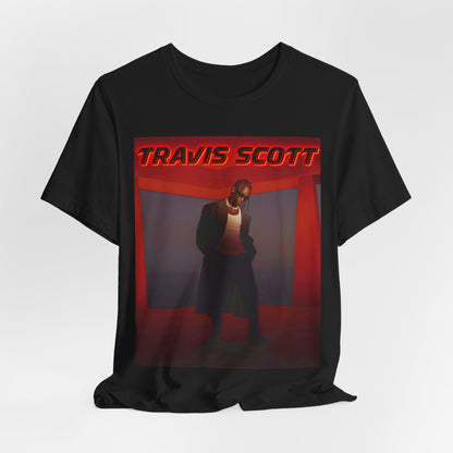 A black graphic t-shirt featuring a graphic of Travis Scott with a dreamy rap soundscape aesthetic.