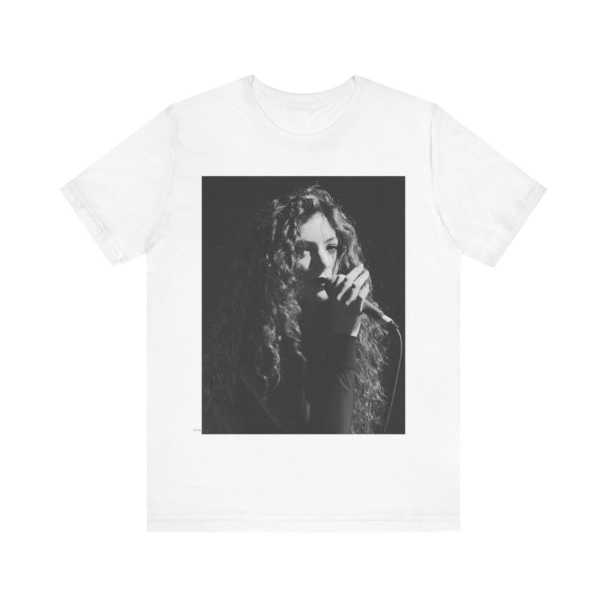 A black graphic t-shirt featuring a graphic or photo of Lorde performing live.