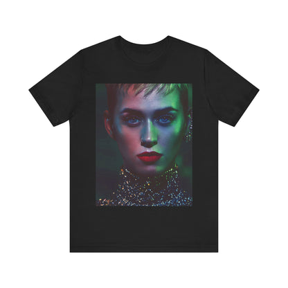 A black graphic t-shirt featuring a neon aesthetic graphic of Katy Perry.