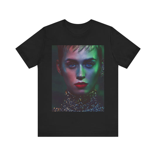 A black graphic t-shirt featuring a neon aesthetic graphic of Katy Perry.