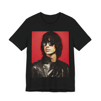 A black graphic t-shirt featuring a 2000s indie aesthetic graphic of Julian Casablancas from The Strokes.