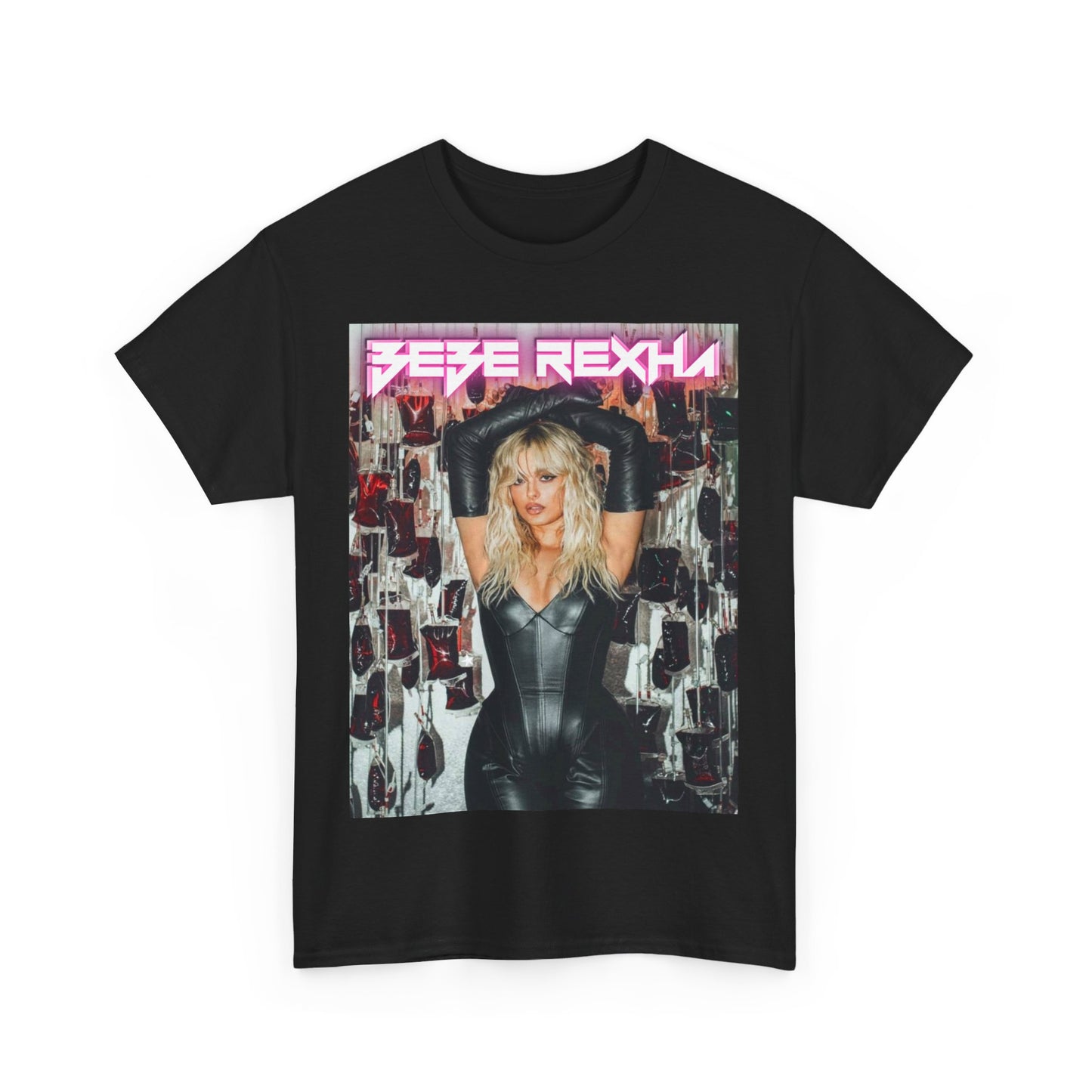 A black graphic t-shirt featuring a photo of Bebe Rexha in a powerful pose, exuding confidence and charisma.