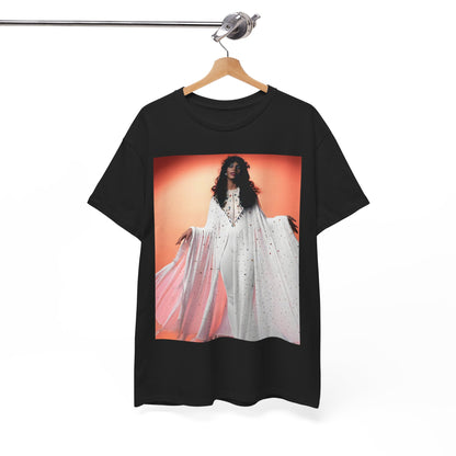 A black graphic t-shirt featuring a classic 70s disco graphic of Donna Summer.