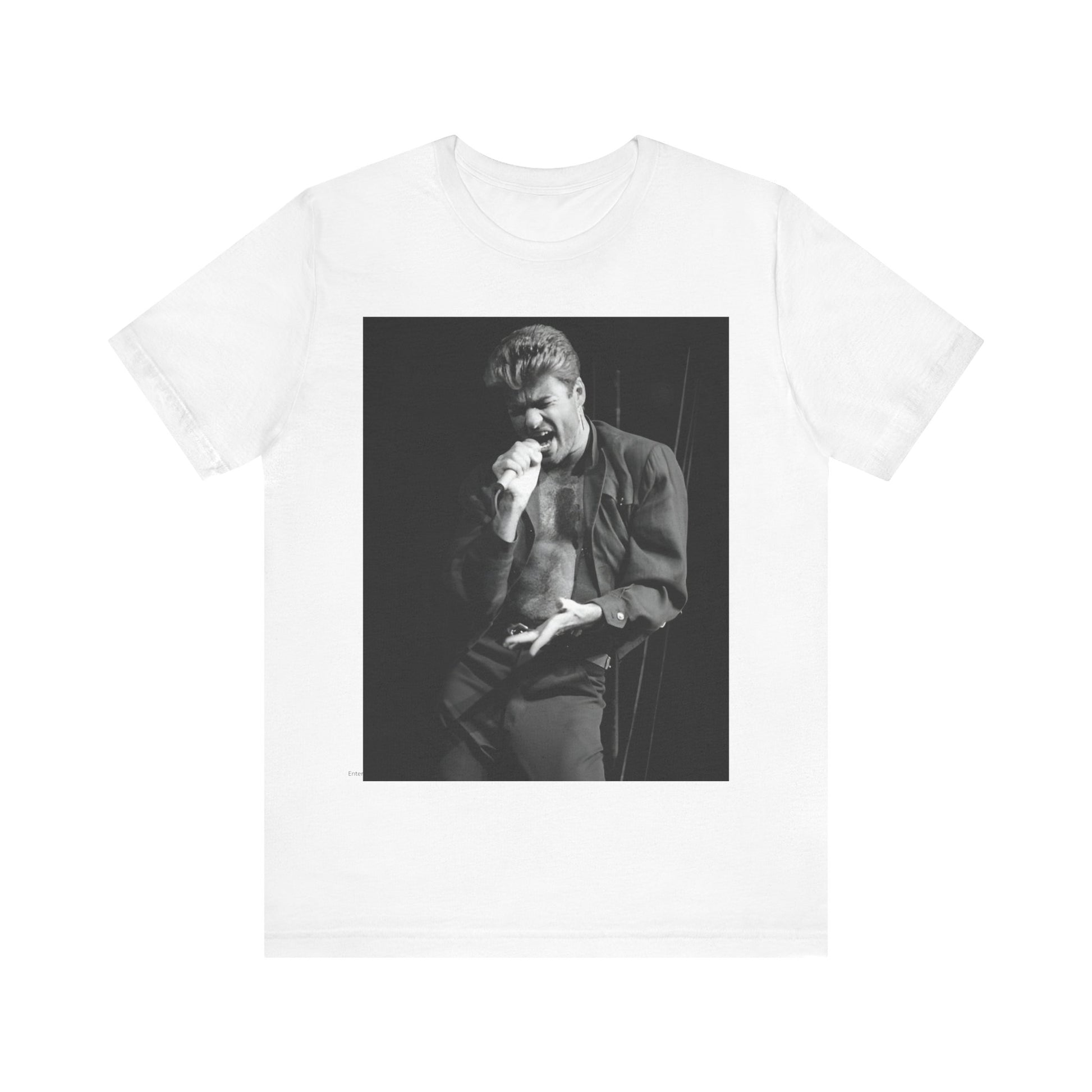 A black graphic t-shirt featuring a glamorous photo or graphic of George Michael performing live.