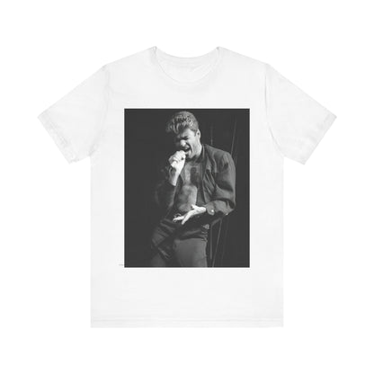 A black graphic t-shirt featuring a glamorous photo or graphic of George Michael performing live.