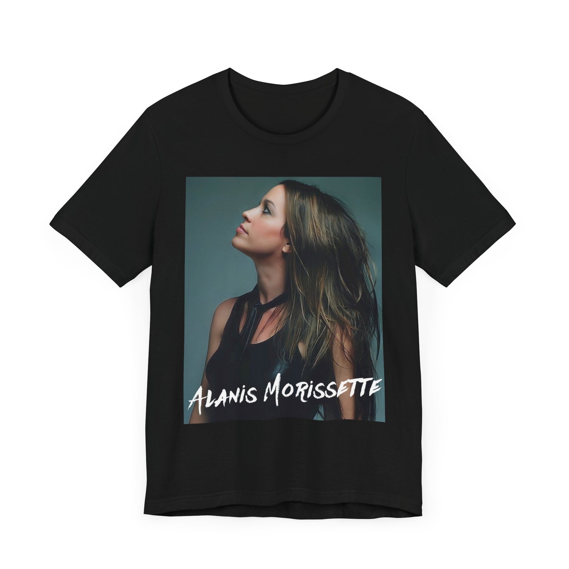 A black graphic t-shirt featuring a retro-style graphic of Alanis Morissette, possibly with her signature or a unique artistic interpretation.