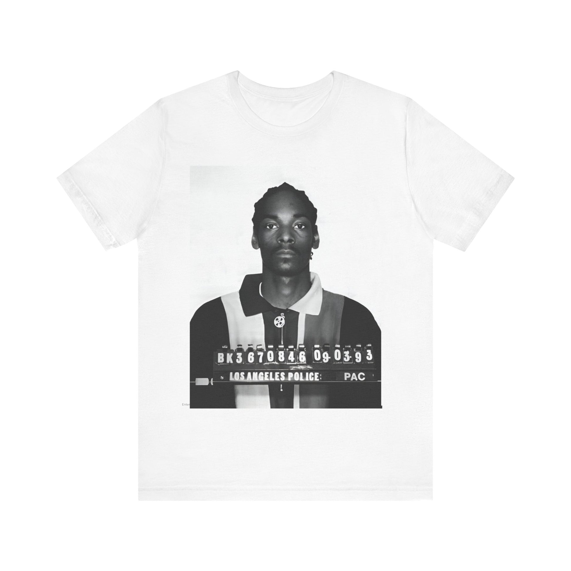 A black graphic t-shirt featuring a graphic of Snoop Dogg's mug shot.