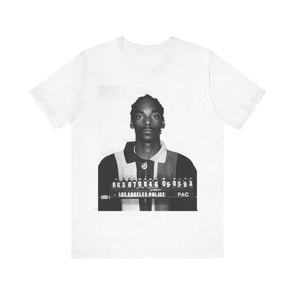 A black graphic t-shirt featuring a graphic of Snoop Dogg's mug shot.