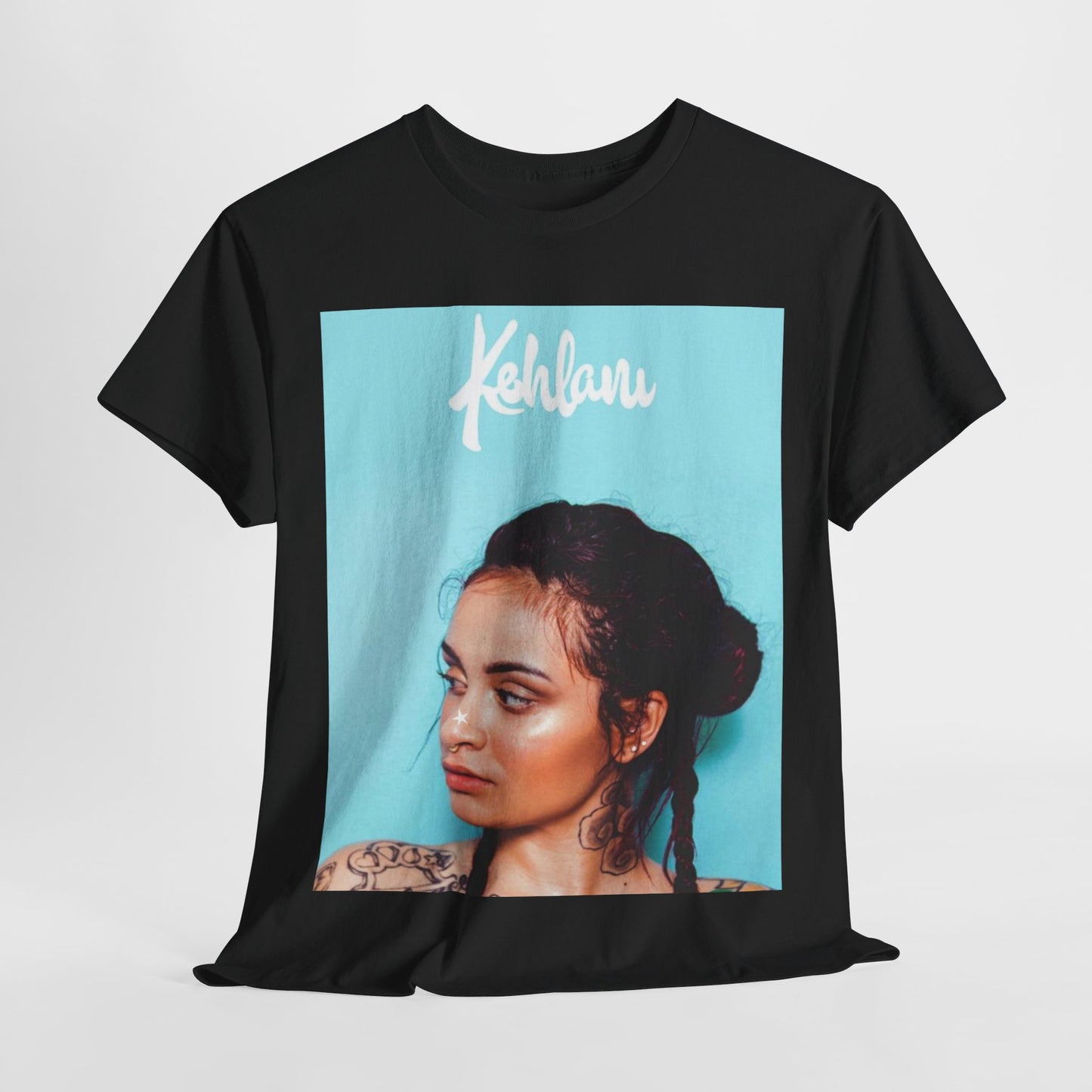 A black graphic t-shirt featuring a rapper aesthetic graphic of Kehlani.