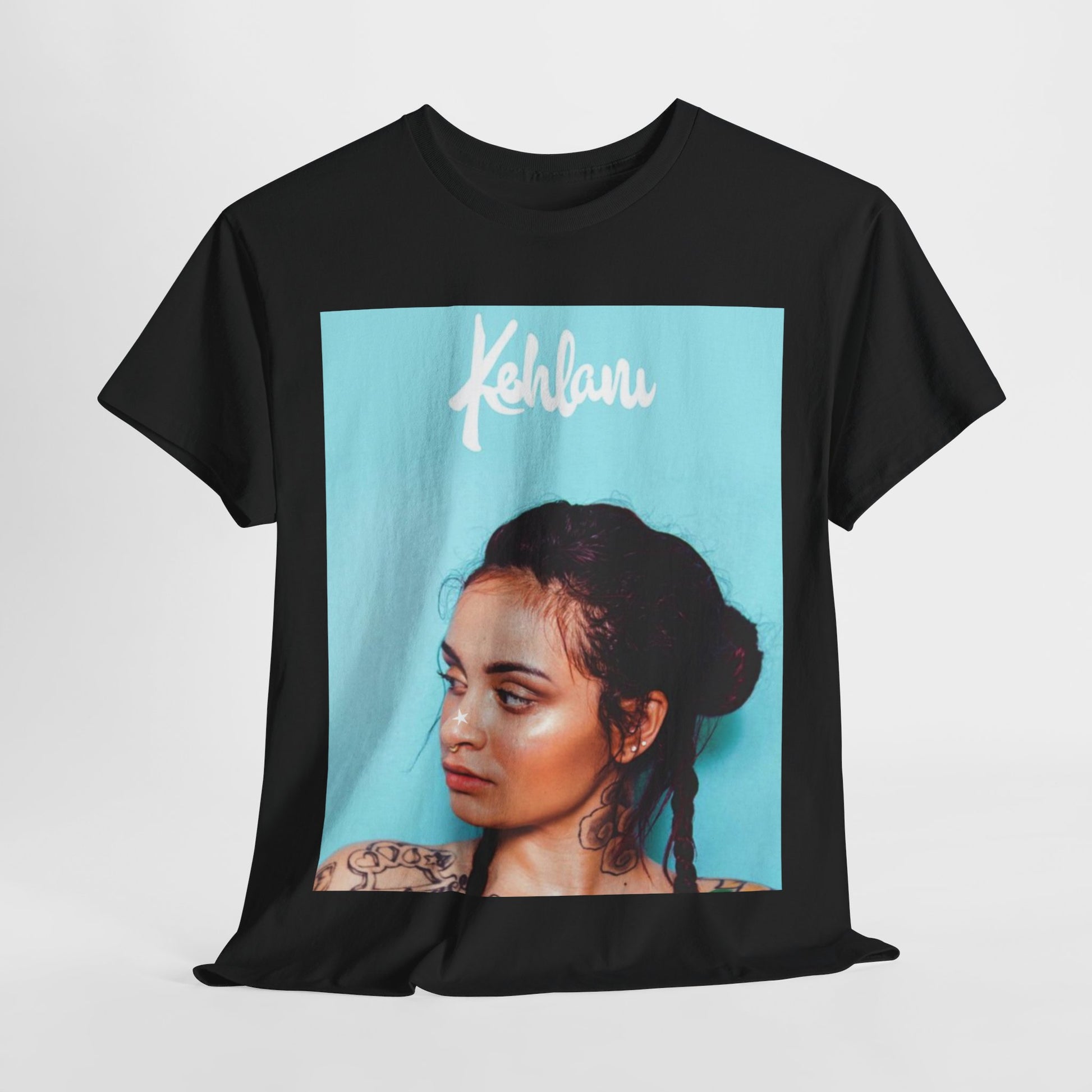 A black graphic t-shirt featuring a rapper aesthetic graphic of Kehlani.