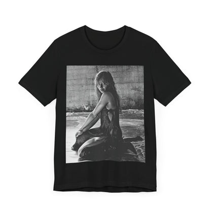 A black graphic t-shirt featuring a black and white, monochrome graphic or photo of Sabrina Carpenter.