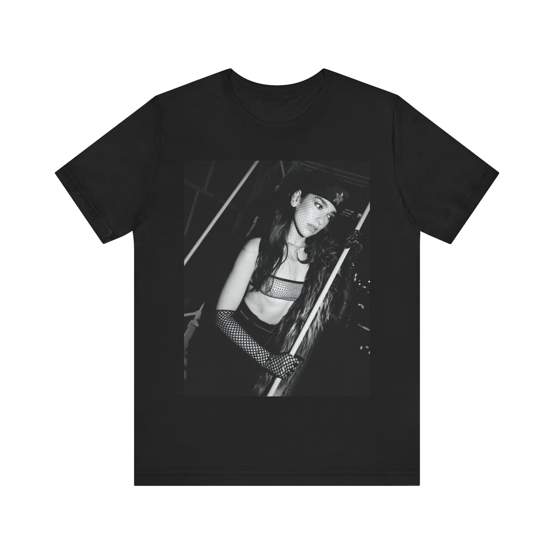 A black graphic t-shirt featuring a black and white, monochrome graphic or portrait of Dua Lipa.