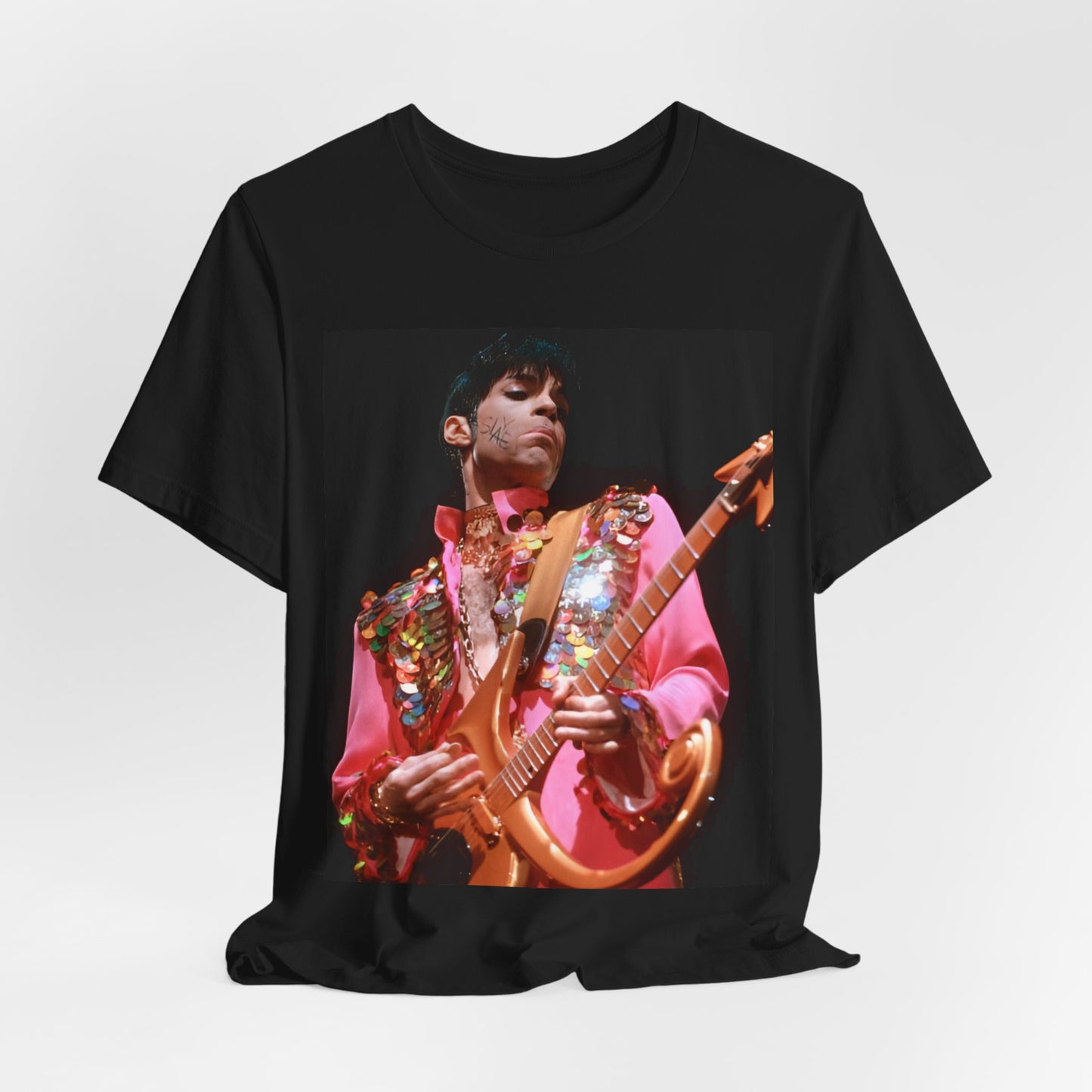 A black graphic t-shirt featuring a graphic of Prince as an unapologetic sex symbol.
