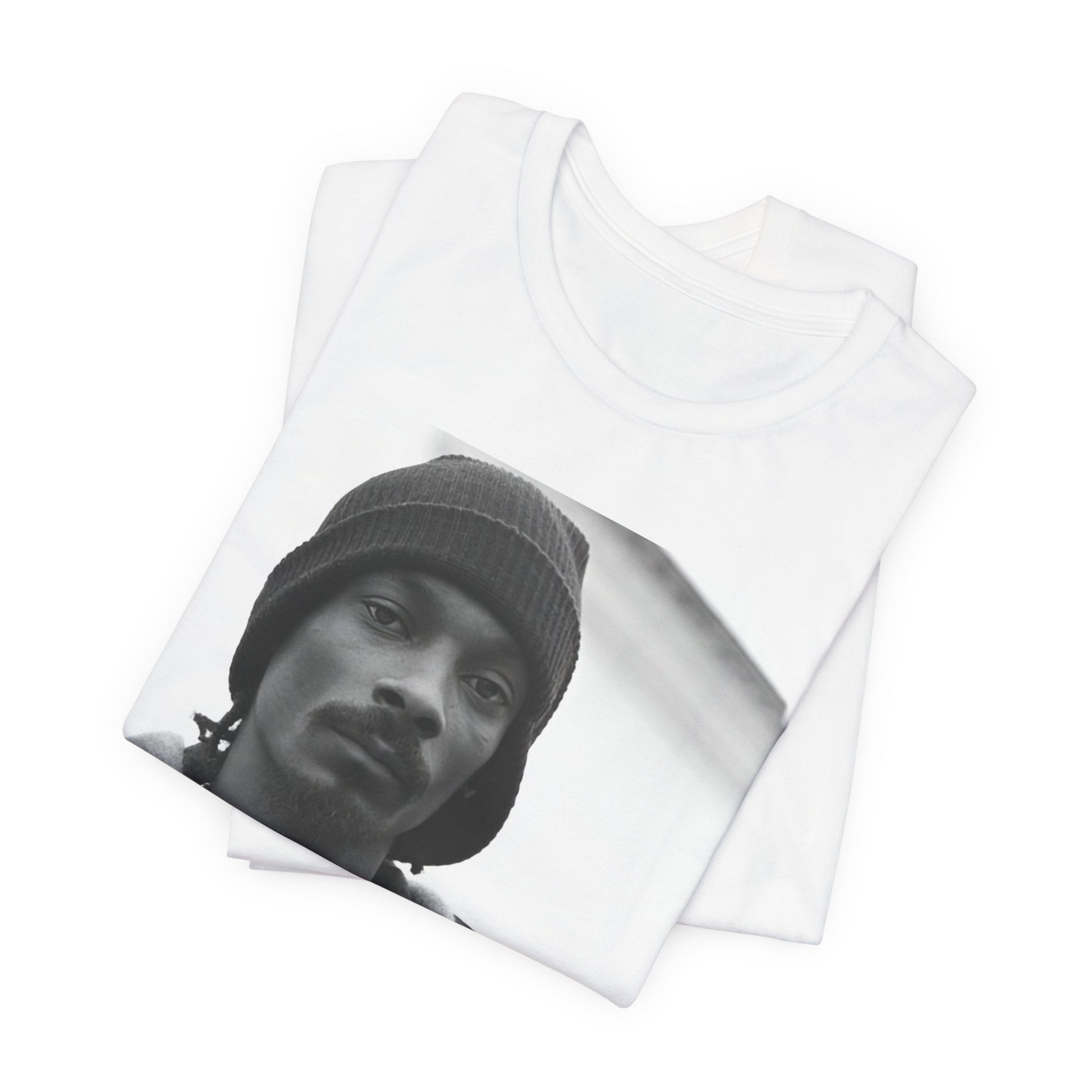A black graphic t-shirt featuring a black and white, monochrome graphic of Snoop Dogg with an OG cool vibe.