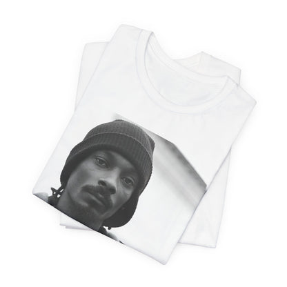 A black graphic t-shirt featuring a black and white, monochrome graphic of Snoop Dogg with an OG cool vibe.