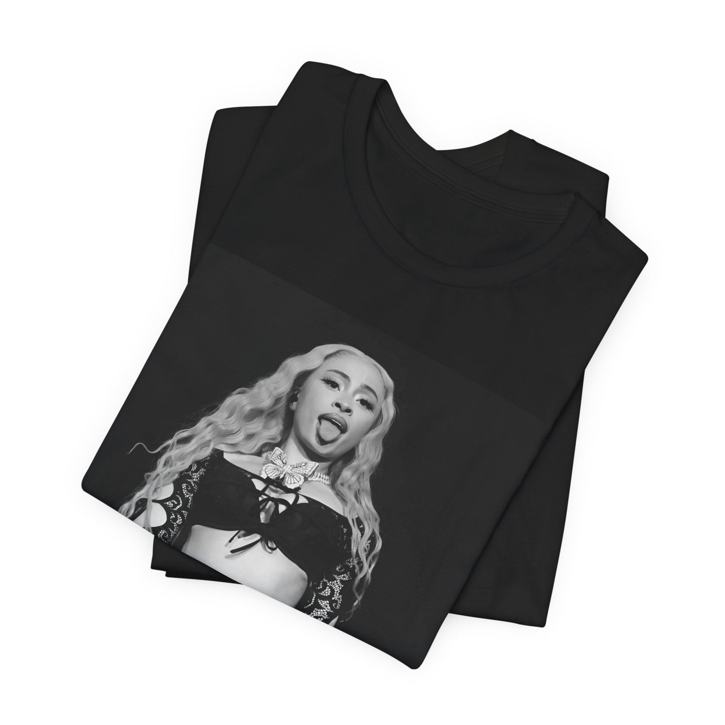 A black graphic t-shirt featuring a black and white graphic related to Ice Spice's song 'Deli', with a 'rap baddie' aesthetic.