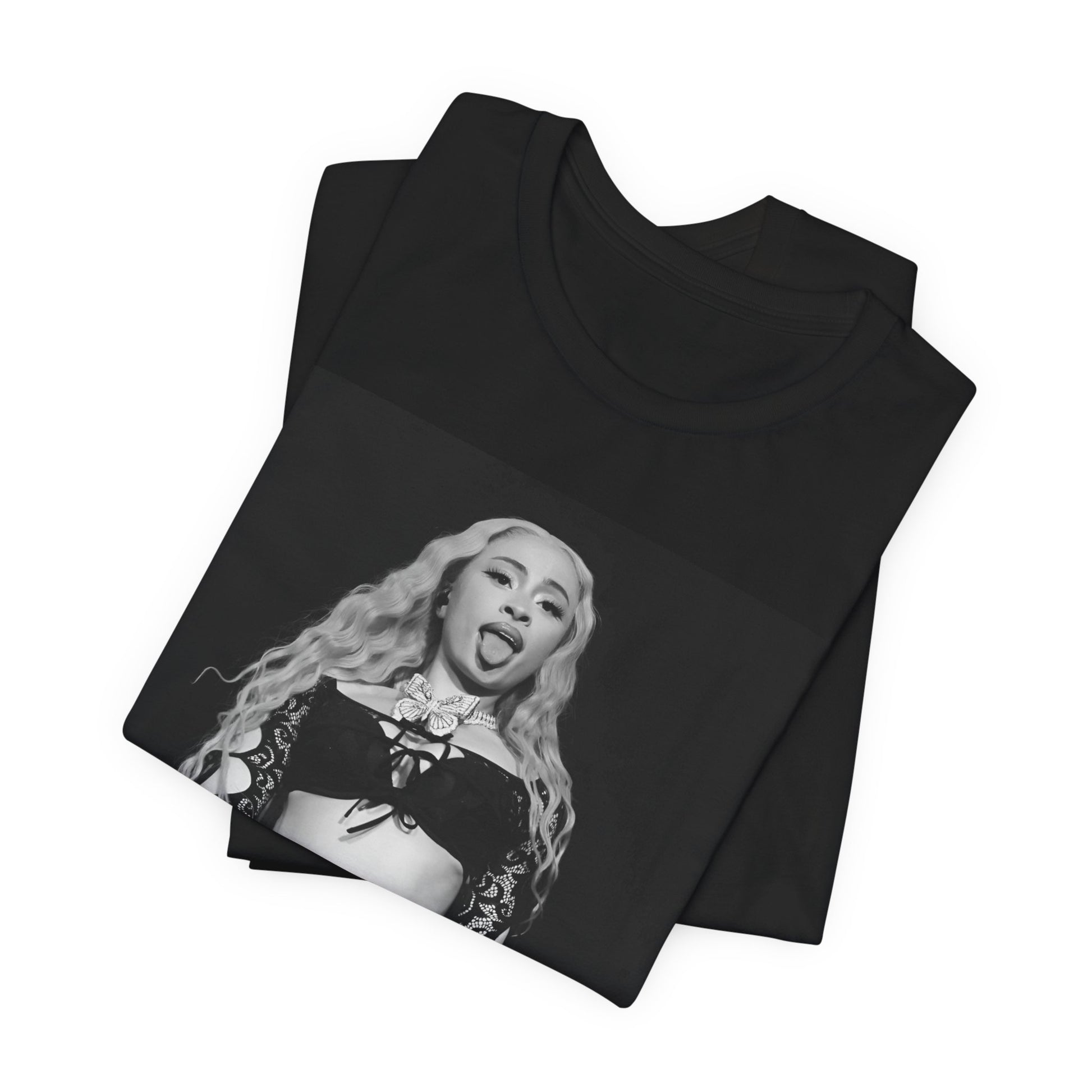 A black graphic t-shirt featuring a black and white graphic related to Ice Spice's song 'Deli', with a 'rap baddie' aesthetic.