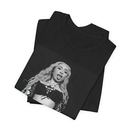 A black graphic t-shirt featuring a black and white graphic related to Ice Spice's song 'Deli', with a 'rap baddie' aesthetic.