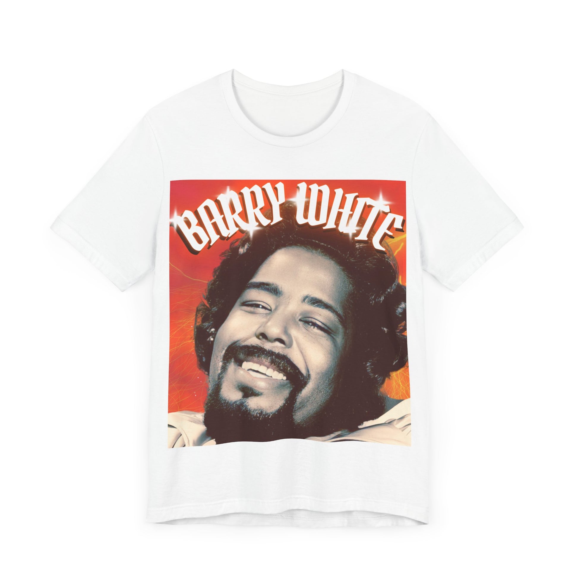 A black graphic t-shirt featuring a graphic of Barry White, emphasizing his iconic soulful presence from the 1970s.