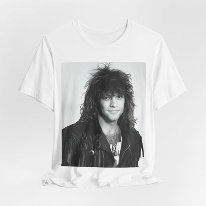 A black graphic t-shirt featuring a black and white photo of Bon Jovi from a 90s tour, performing on stage.