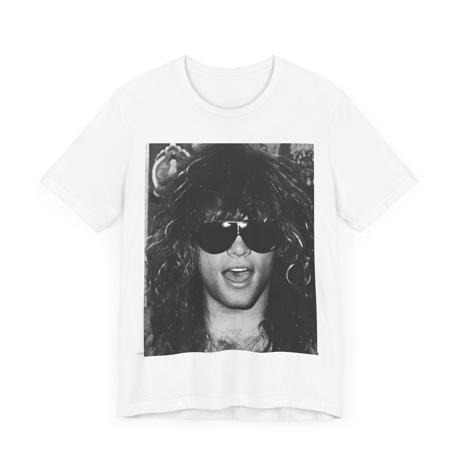 A black graphic t-shirt featuring a graphic or photo of Bon Jovi in a backstage setting.