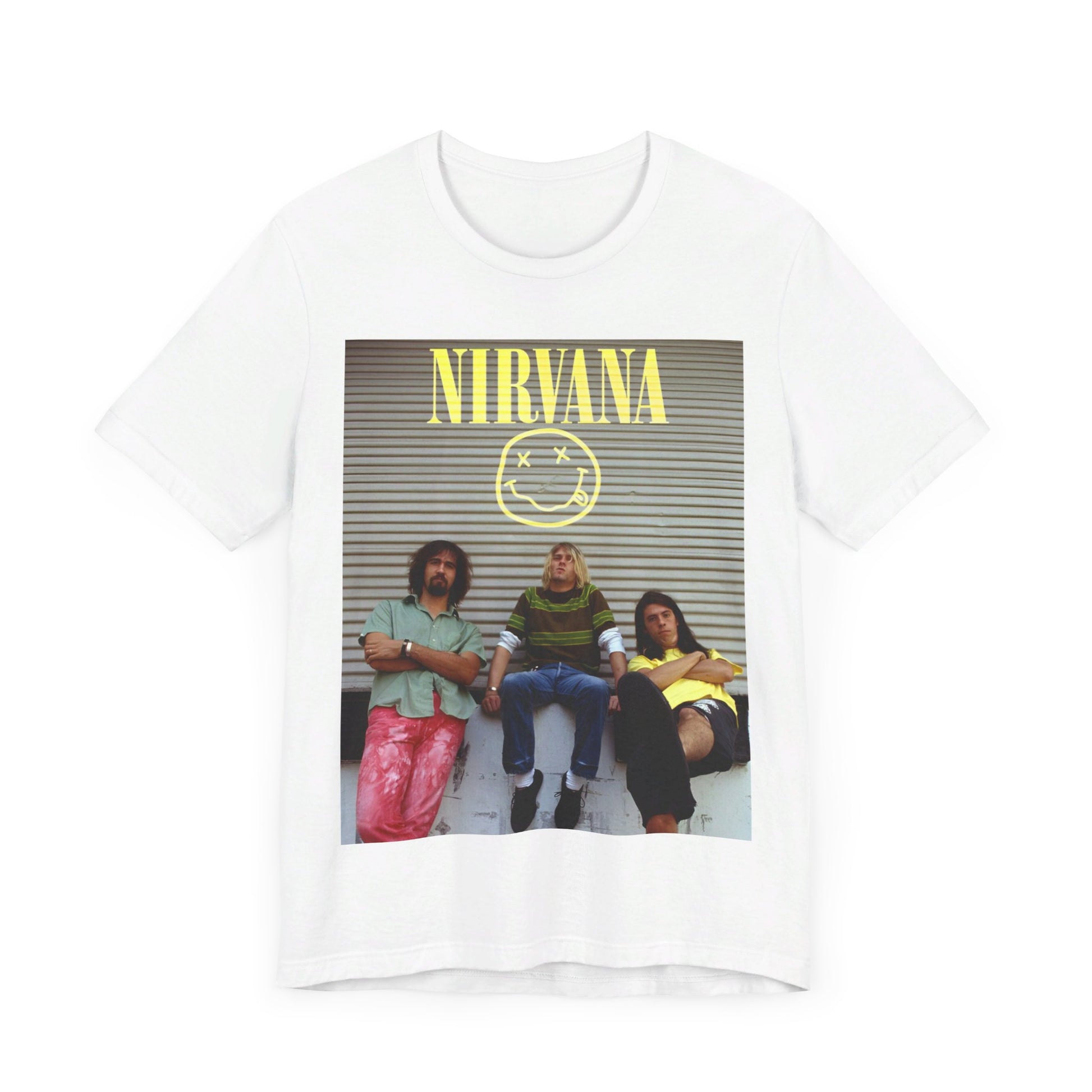 A black graphic t-shirt featuring an early days band photo of Nirvana.