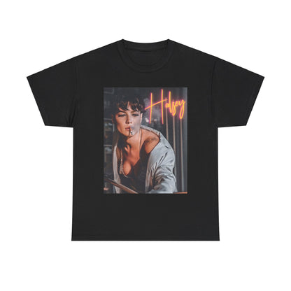 A black graphic t-shirt featuring a vintage graphic related to Halsey's 'Manic' album era.