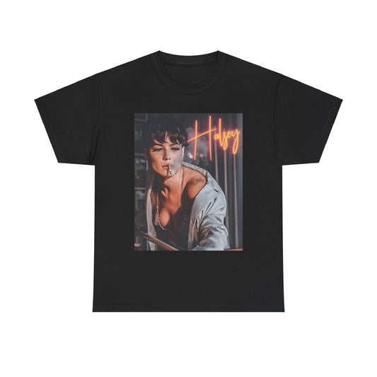 A black graphic t-shirt featuring a vintage graphic related to Halsey's 'Manic' album era.