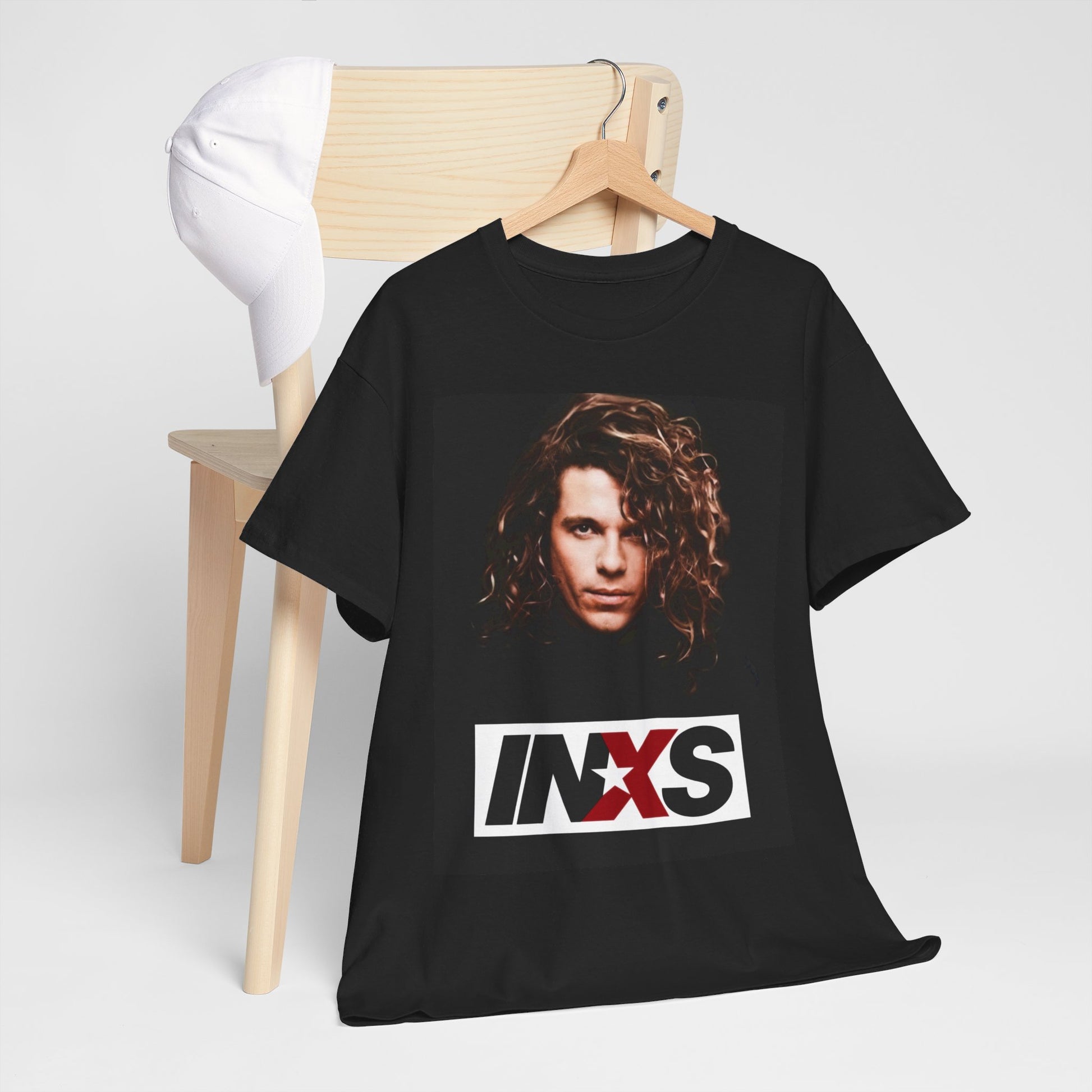 A black graphic t-shirt featuring a graphic of Michael Hutchence from INXS as a frontman legend.