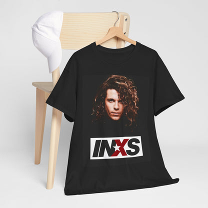 A black graphic t-shirt featuring a graphic of Michael Hutchence from INXS as a frontman legend.