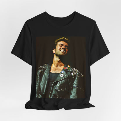 A black graphic t-shirt featuring a graphic related to George Michael's 'Careless Whisper' song or era.