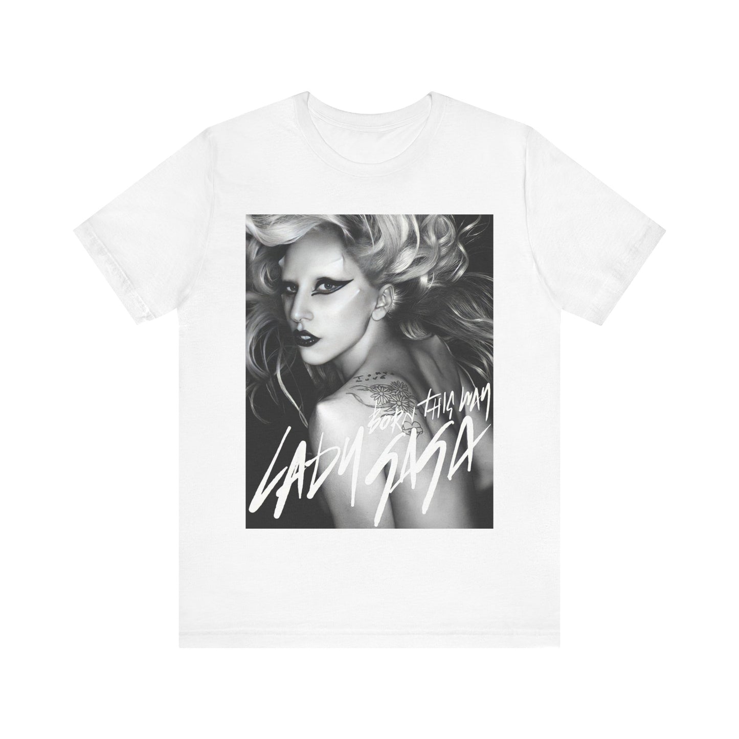 A black graphic t-shirt featuring a modern pop essential graphic of Lady Gaga.