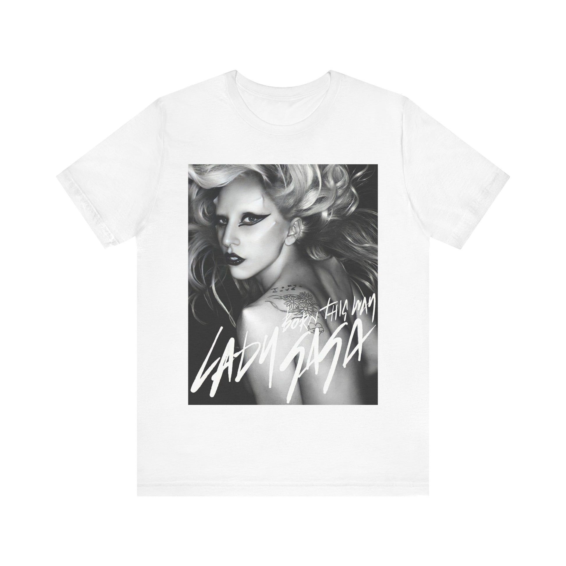 A black graphic t-shirt featuring a modern pop essential graphic of Lady Gaga.