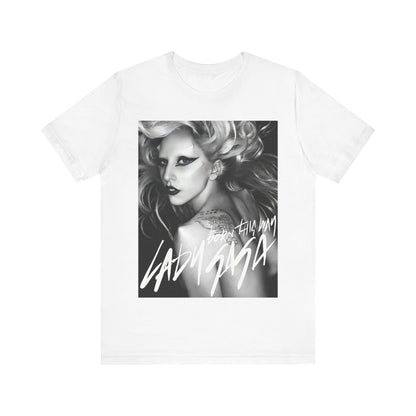 A black graphic t-shirt featuring a modern pop essential graphic of Lady Gaga.