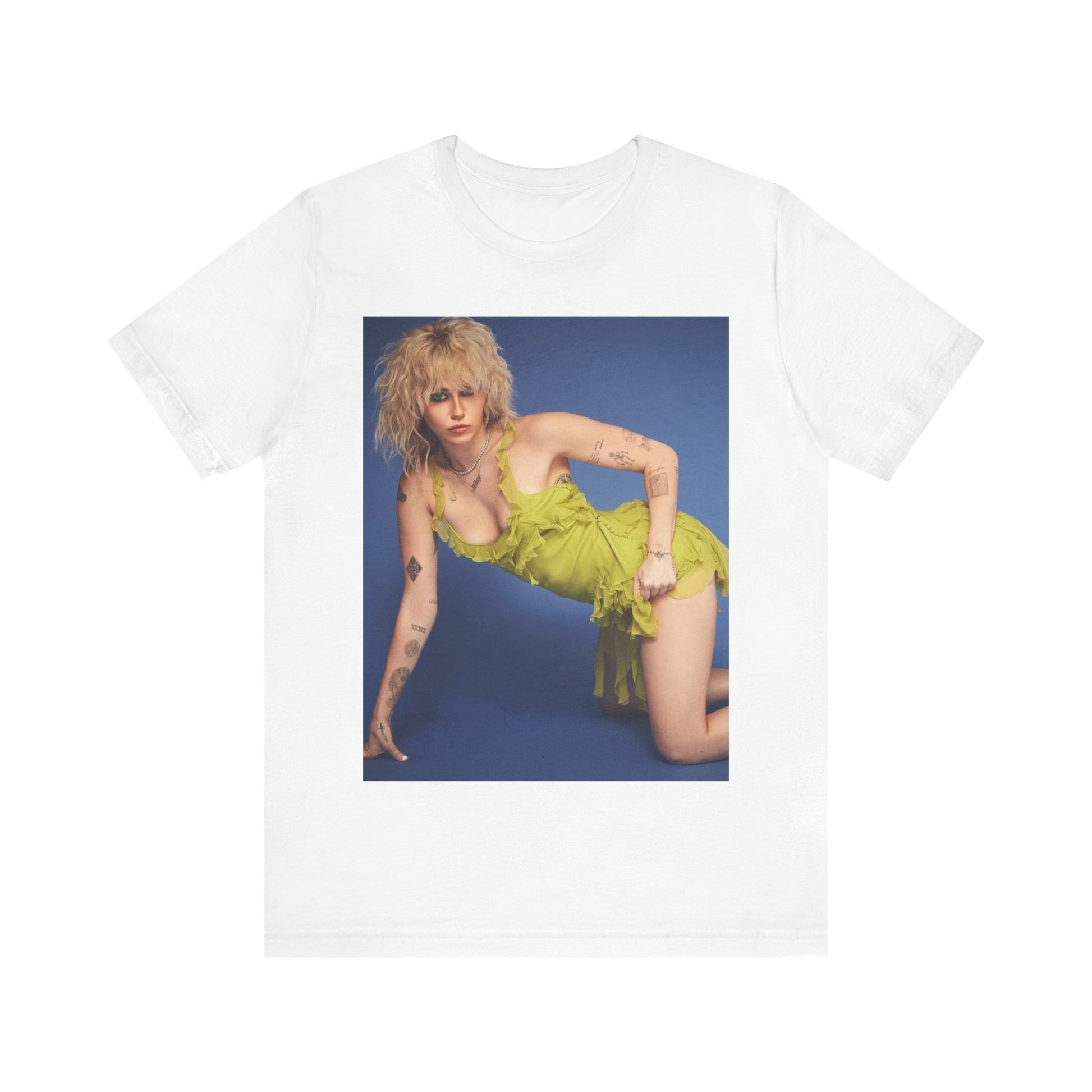 A black graphic t-shirt featuring a graphic of Miley Cyrus as a global pop phenomenon.