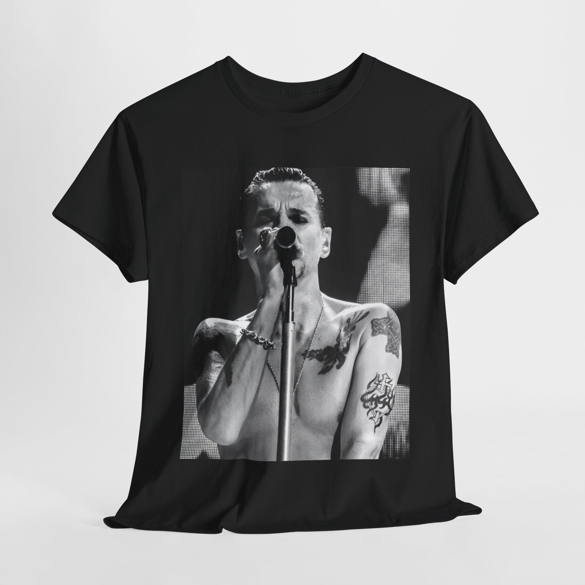 A black graphic t-shirt featuring a graphic related to Depeche Mode's 'Sounds of the Universe' live era.
