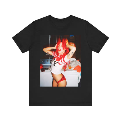 A black graphic t-shirt featuring a vintage alt pop aesthetic graphic of Halsey.