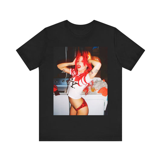 A black graphic t-shirt featuring a vintage alt pop aesthetic graphic of Halsey.