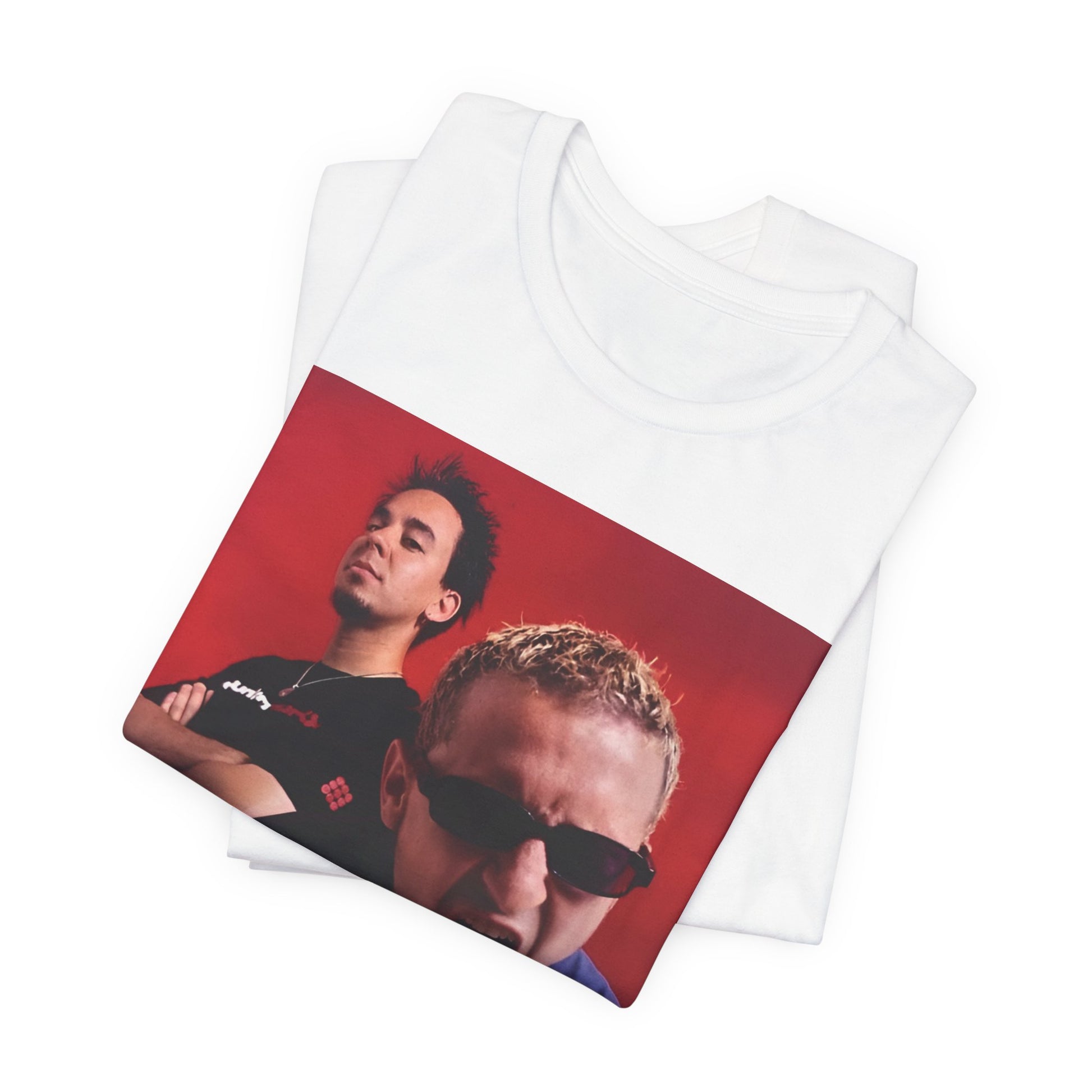 A black graphic t-shirt featuring a 2000s alt-rock aesthetic graphic of Linkin Park.