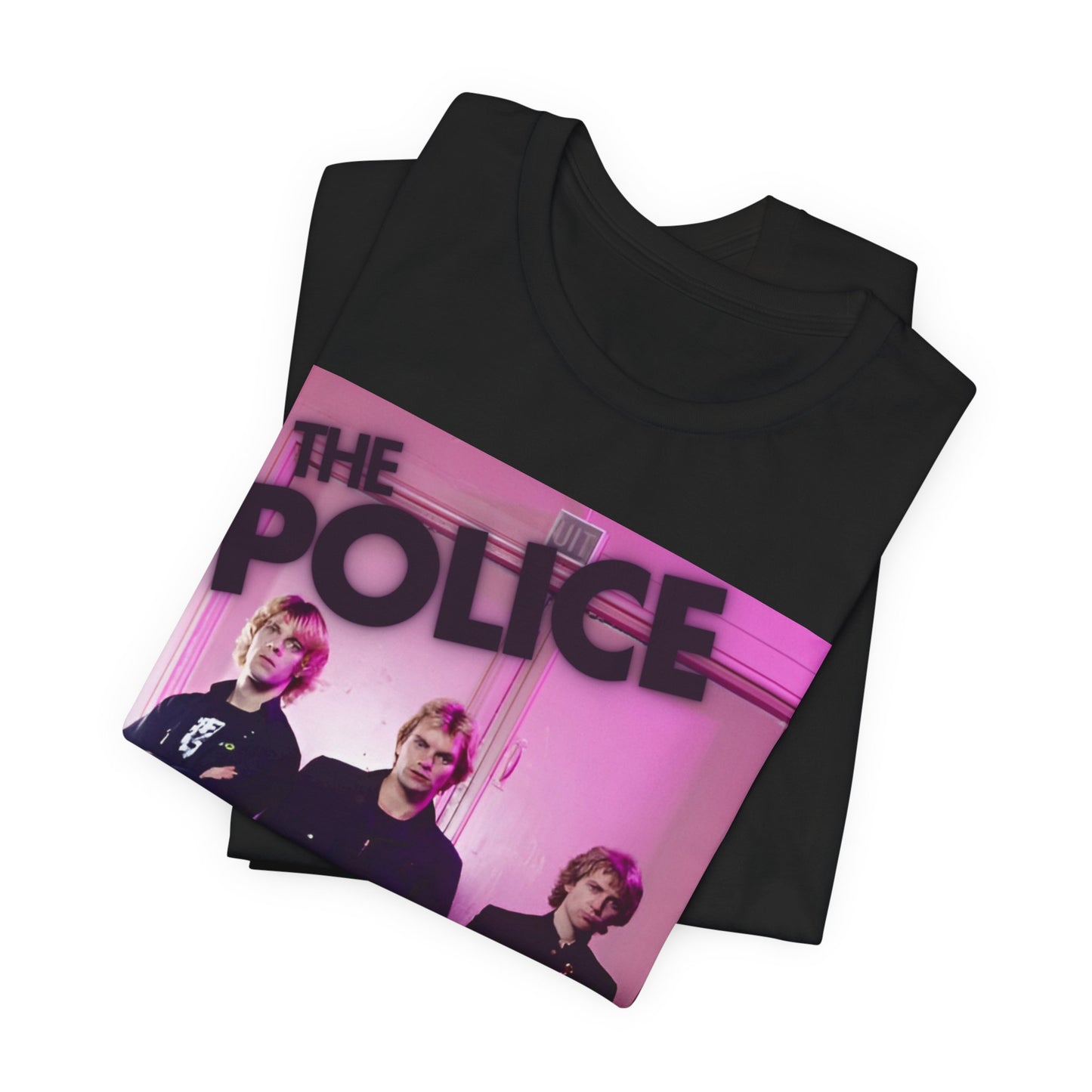A black graphic t-shirt featuring a classic graphic related to The Police's 'Roxanne' song or era.