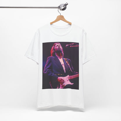 A black graphic t-shirt featuring a vintage graphic of Eric Clapton as a blues rock icon.