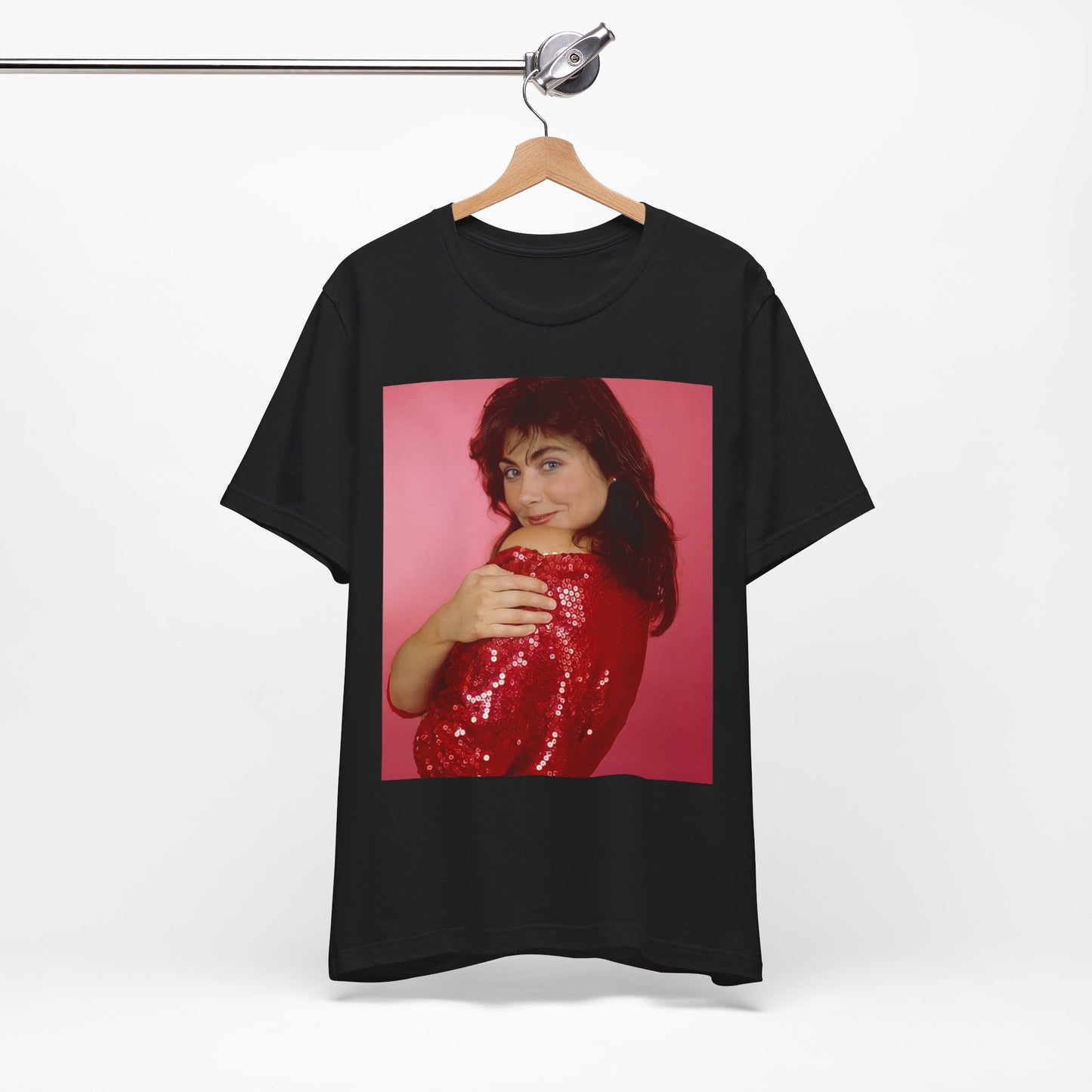 A black graphic t-shirt featuring a vintage graphic related to Laura Branigan's 'Self Control' song or era.