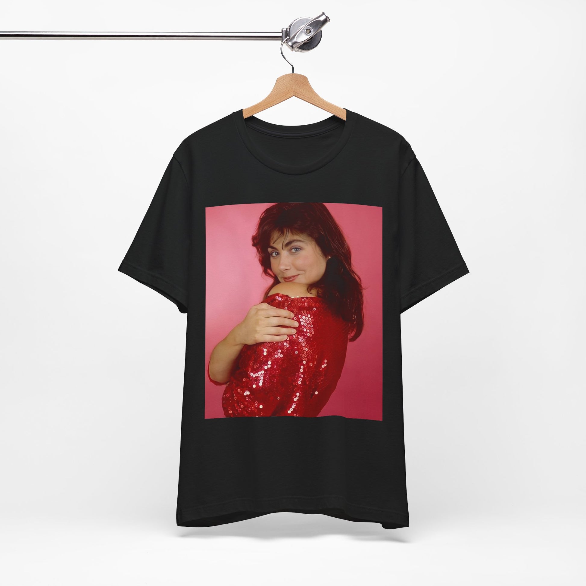 A black graphic t-shirt featuring a vintage graphic related to Laura Branigan's 'Self Control' song or era.