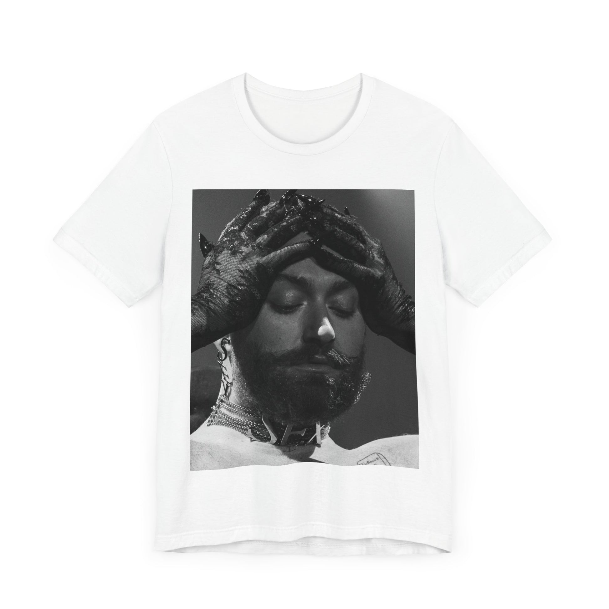 A black graphic t-shirt featuring a black and white graphic or photo of Sam Smith performing live on stage.