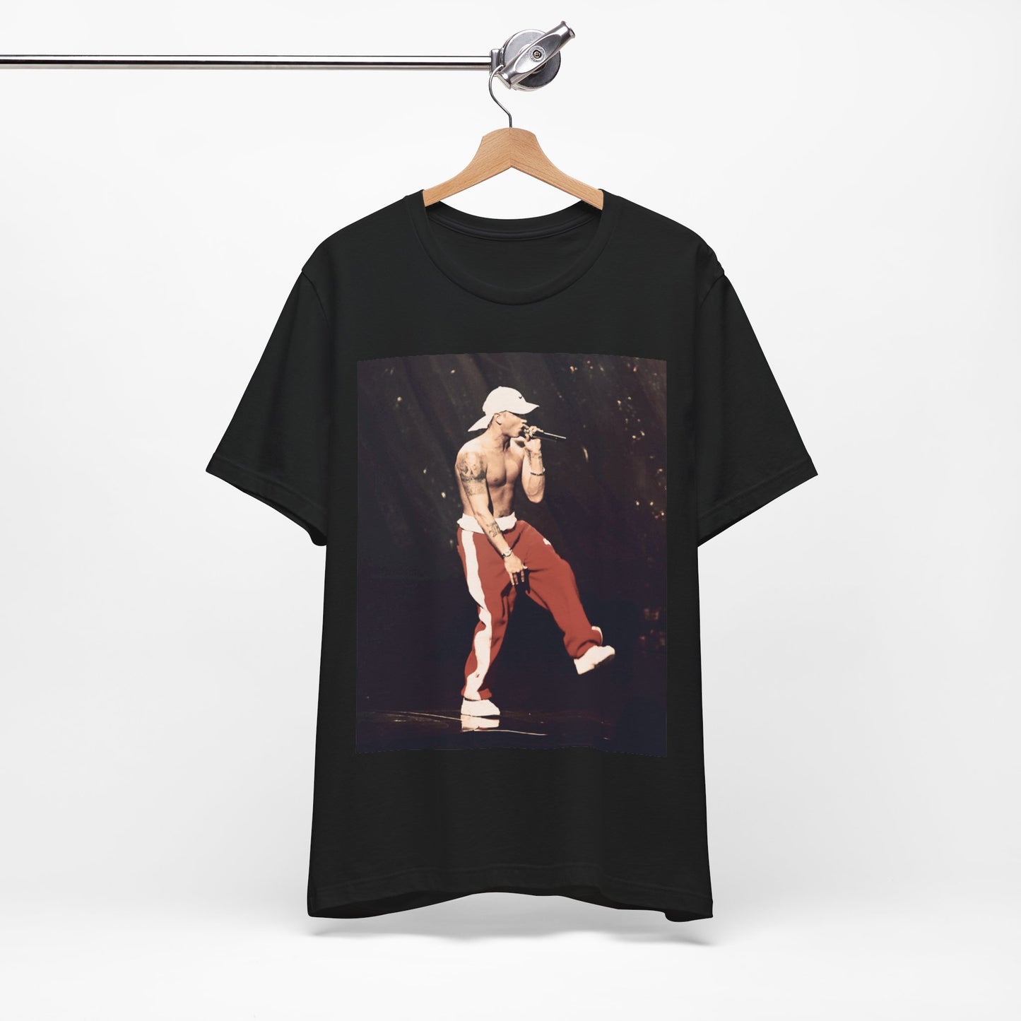 A black graphic t-shirt featuring a graphic inspired by Eminem's film '8 Mile'.
