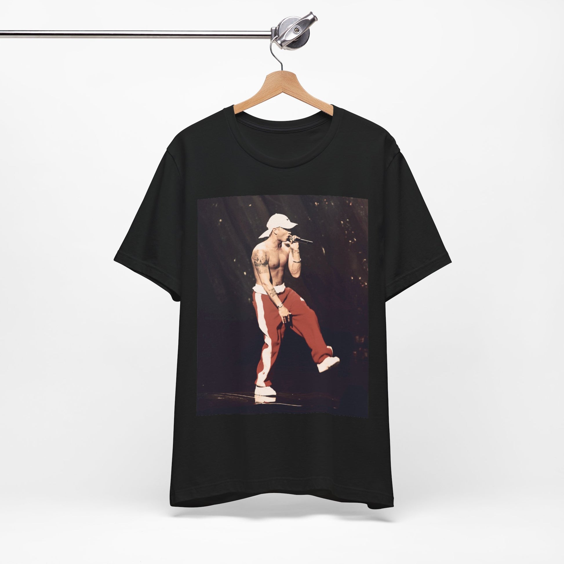 A black graphic t-shirt featuring a graphic inspired by Eminem's film '8 Mile'.
