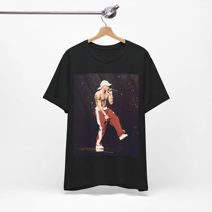 A black graphic t-shirt featuring a graphic inspired by Eminem's film '8 Mile'.