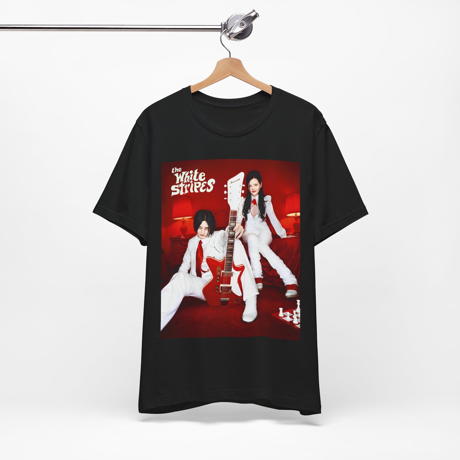 A black graphic t-shirt featuring a graphic related to The White Stripes' 'Seven Nation Army' song or era.