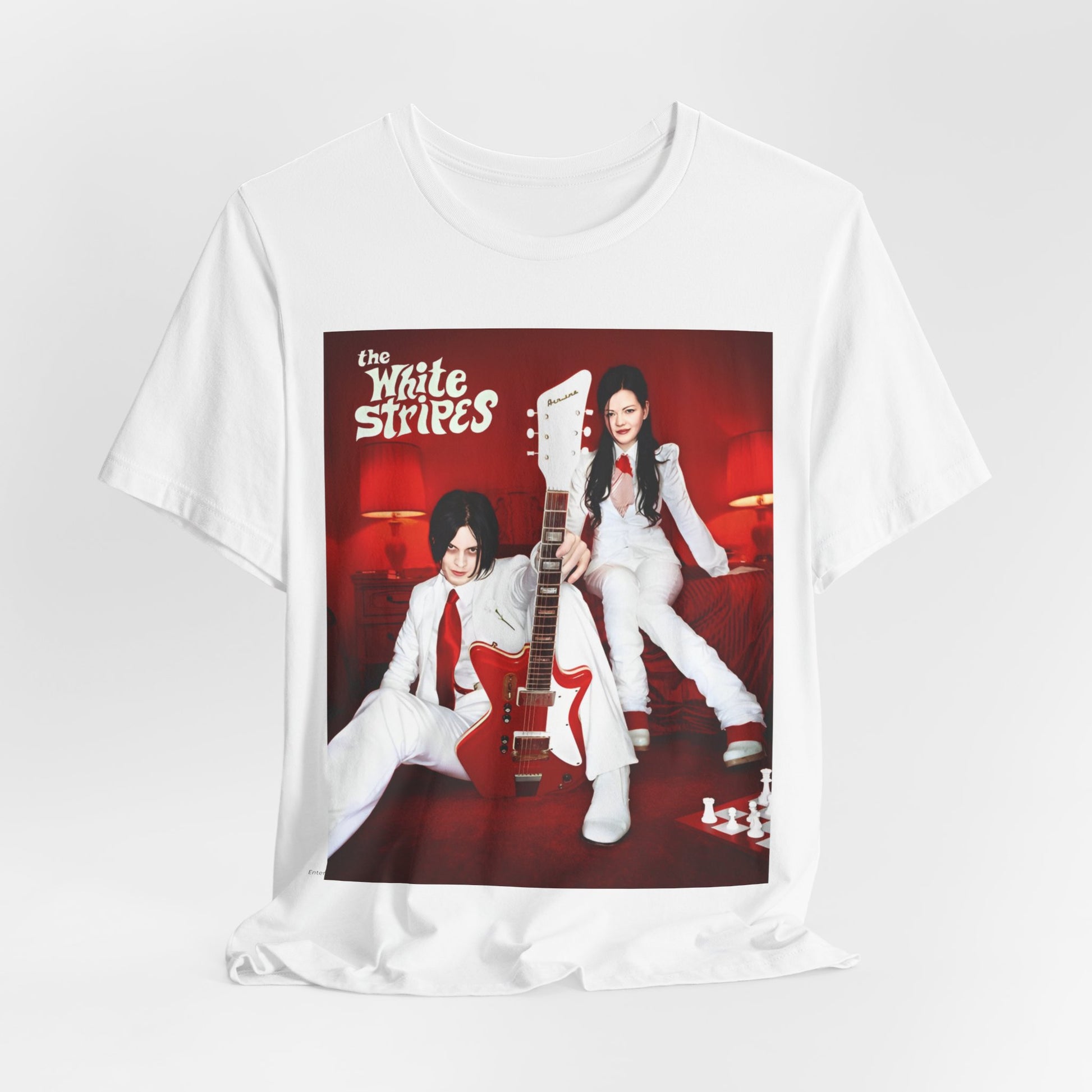 A black graphic t-shirt featuring a graphic related to The White Stripes' 'Seven Nation Army' song or era.