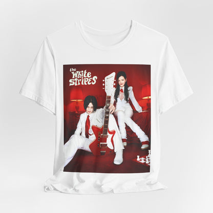A black graphic t-shirt featuring a graphic related to The White Stripes' 'Seven Nation Army' song or era.